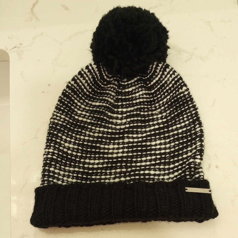 Michael Kors Women's Black and White Knit Beanie W/ Puff